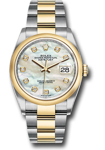 Rolex Steel and Yellow Gold Rolesor Datejust 36 Watch - Domed Bezel - White Mother-Of-Pearl Diamond Dial - Oyster Bracelet