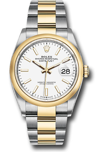 Rolex Steel and Yellow Gold Rolesor Datejust 36 Watch - Domed Bezel - White Index Dial - Oyster Bracelet