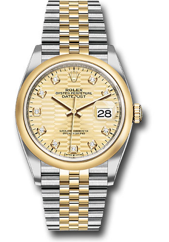 Rolex Yellow Rolesor Datejust 36 Watch - Domed Bezel - Golden Fluted Motif Diamond Dial - Jubilee Bracelet