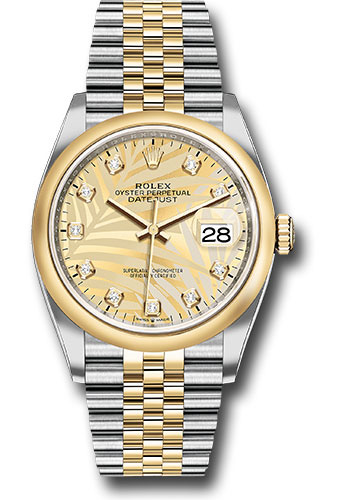 Rolex Yellow Rolesor Datejust 36 Watch - Domed Bezel - Golden Palm Motif Diamond Dial - Jubilee Bracelet