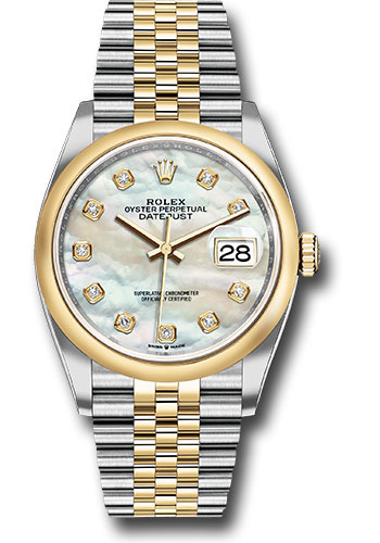 Rolex Steel and Yellow Gold Rolesor Datejust 36 Watch - Domed Bezel - White Mother-Of-Pearl Diamond Dial - Jubilee Bracelet