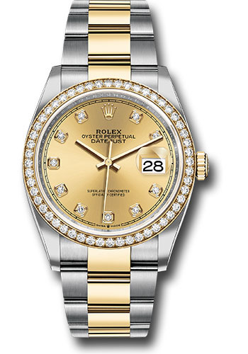 Rolex Steel and Yellow Gold Rolesor Datejust 36 Watch - Diamond Bezel - Champagne Diamond Dial - Oyster Bracelet