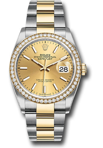 Rolex Steel and Yellow Gold Rolesor Datejust 36 Watch - Diamond Bezel - Champagne Index Dial - Oyster Bracelet
