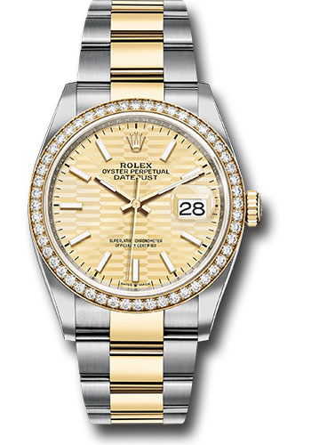 Rolex Yellow Rolesor Datejust 36 Watch - Diamond Bezel - Golden Fluted Motif Index Dial - Oyster Bracelet