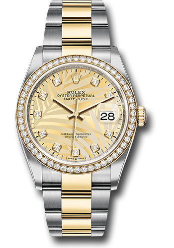 Rolex Yellow Rolesor Datejust 36 Watch - Diamond Bezel - Golden Palm Motif Diamond Dial - Oyster Bracelet