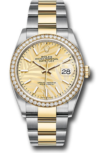 Rolex Yellow Rolesor Datejust 36 Watch - Diamond Bezel - Golden Palm Motif Index Dial - Oyster Bracelet