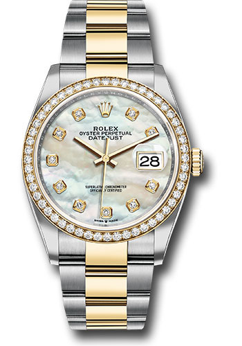 Rolex Steel and Yellow Gold Rolesor Datejust 36 Watch - Diamond Bezel - White Mother-Of-Pearl Diamond Dial - Oyster Bracelet