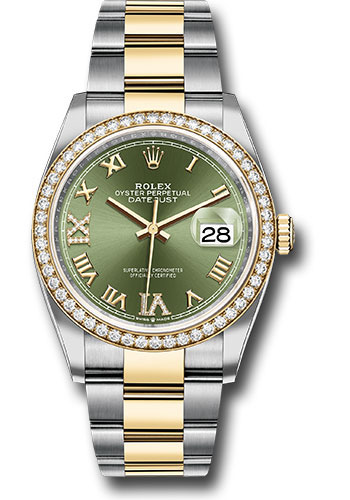 Rolex Steel and Yellow Gold Rolesor Datejust 36 Watch - Diamond Bezel - Olive Green Roman Dial - Oyster Bracelet