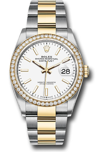 Rolex Steel and Yellow Gold Rolesor Datejust 36 Watch - Diamond Bezel - White Index Dial - Oyster Bracelet