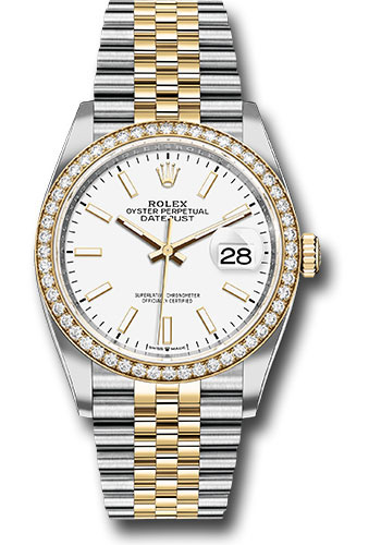 Rolex Steel and Yellow Gold Rolesor Datejust 36 Watch - Yellow Diamond Bezel - White Index Dial - Jubilee Bracelet