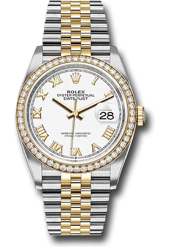 Rolex Steel and Yellow Gold Rolesor Datejust 36 Watch - Yellow Diamond Bezel - White Roman Dial - Jubilee Bracelet