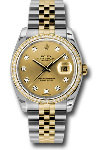 Rolex Steel and Yellow Gold Rolesor Datejust 36 Watch - 52 Brilliant-Cut Diamond Bezel - Champagne Diamond Dial - Jubilee Bracelet