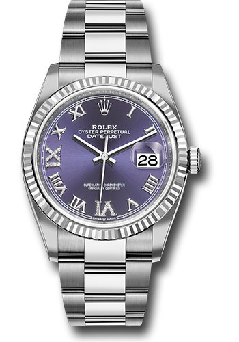 Rolex Steel Datejust 36 Watch - Fluted Bezel - Aubergine Purple Diamond Roman VI and IX Dial - Oyster Bracelet
