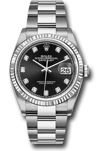 Rolex Steel Datejust 36 Watch - Fluted Bezel - Black Diamond Dial - Oyster Bracelet