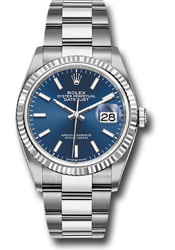 Rolex Steel Datejust 36 Watch - Fluted Bezel - Blue Index Dial - Oyster Bracelet