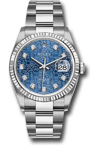 Rolex Steel Datejust 36 Watch - Fluted Bezel - Blue Jubilee Diamond Dial - Oyster Bracelet