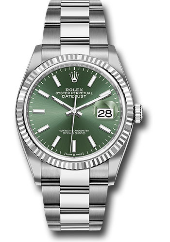 Rolex White Rolesor Datejust 36 Watch - Fluted Bezel - Mint Green Index Dial - Oyster Bracelet