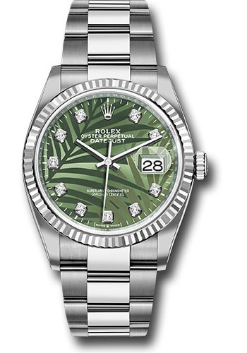 Rolex White Rolesor Datejust 36 Watch - Fluted Bezel - Olive Green Palm Motif Diamond 6 Dial - Oyster Bracelet
