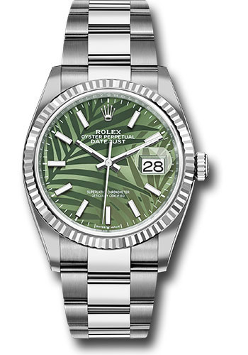 Rolex Rolex White Rolesor Datejust 36 Watch - Fluted Bezel - Olive Green Palm Motif Dial - Oyster Bracelet - 2021 Release