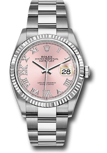 Rolex Steel Datejust 36 Watch - Fluted Bezel - Pink Diamond Roman VI and IX Dial - Oyster Bracelet