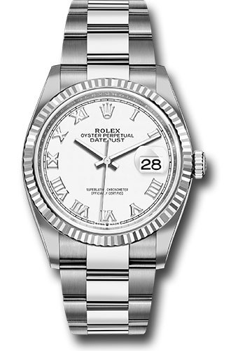 Rolex Steel Datejust 36 Watch - Fluted Bezel - White Roman Dial - Oyster Bracelet