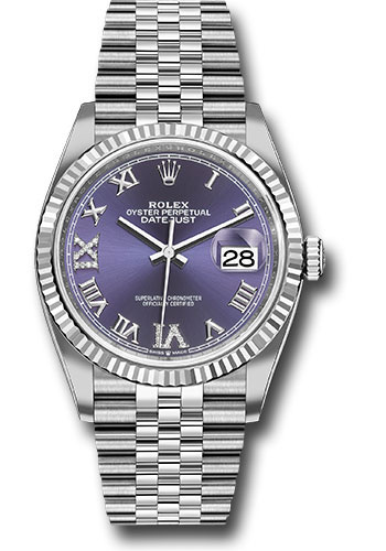 Rolex Steel Datejust 36 Watch - Fluted Bezel - Aubergine Purple Diamond Roman VI and IX Dial - Jubilee Bracelet
