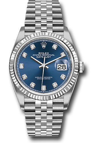 Rolex Steel Datejust 36 Watch - Fluted Bezel - Blue Diamond Dial - Jubilee Bracelet