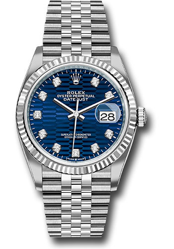 Rolex White Rolesor Datejust 36 Watch - Fluted Bezel - Bright Blue Fluted Motif Diamond Dial - Jubilee Bracelet
