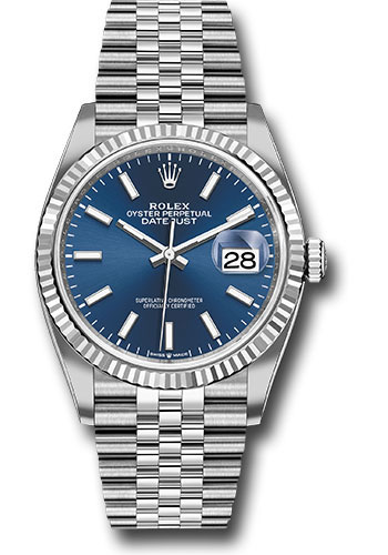 Rolex Steel Datejust 36 Watch - Fluted Bezel - Blue Index Dial - Jubilee Bracelet
