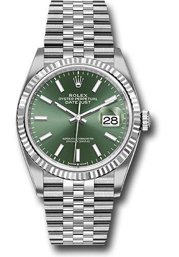 Rolex White Rolesor Datejust 36 Watch - Fluted Bezel - Mint Green Index Dial - Jubilee Bracelet