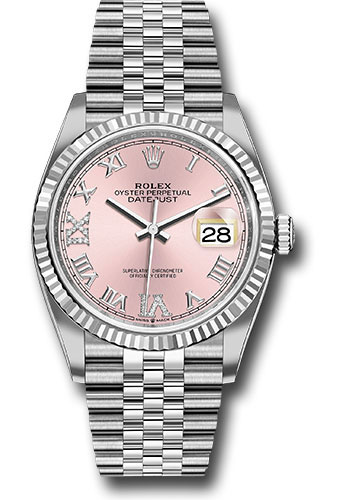 Rolex Steel Datejust 36 Watch - Fluted Bezel - Pink Diamond Roman VI and IX Dial - Jubilee Bracelet