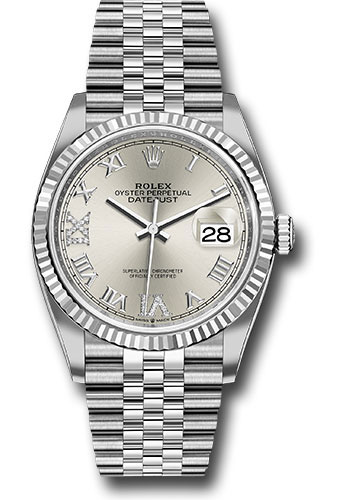 Rolex Steel Datejust 36 Watch - Fluted Bezel - Silver Diamond Roman VI and IX Dial - Jubilee Bracelet