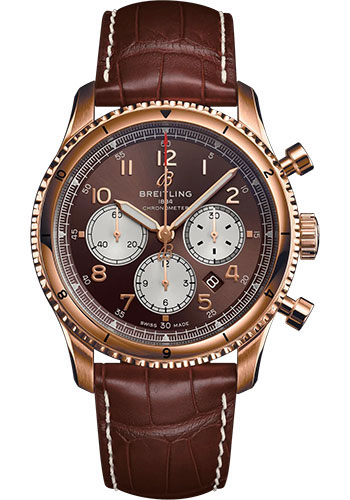 Breitling Aviator 8 B01 Chronograph 43 Watch - 18K Red Gold - Bronze Dial - Brown Alligator Leather Strap - Folding Buckle