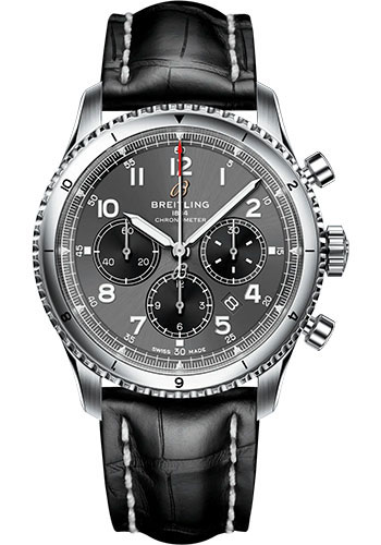 Breitling Aviator 8 B01 Chronograph 43 Watch - Stainless Steel - Anthracite Dial - Black Alligator Leather Strap - Folding Buckle