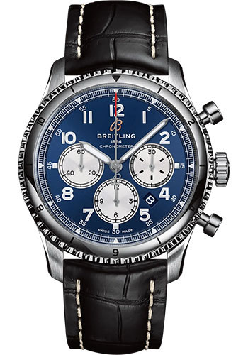 Breitling Aviator 8 B01 Chronograph 43 Watch - Stainless Steel - Blue Dial - Black Alligator Leather Strap - Folding Buckle