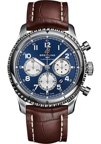 Breitling Aviator 8 B01 Chronograph 43 Watch - Stainless Steel - Blue Dial - Brown Alligator Leather Strap - Folding Buckle