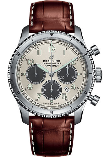 Breitling Aviator 8 B01 Chronograph 43 Watch - Steel Case - Silver Dial - Brown Croco Strap