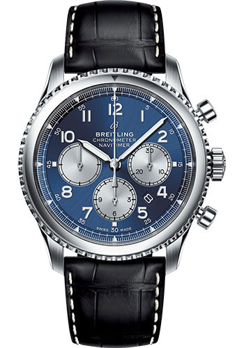 Breitling Aviator 8 B01 Chronograph 43 Watch - Steel Case - Blue Dial - Black Croco Strap