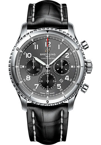 Breitling Aviator 8 B01 Chronograph 43 Watch - Stainless Steel - Anthracite Dial - Black Alligator Leather Strap - Tang Buckle