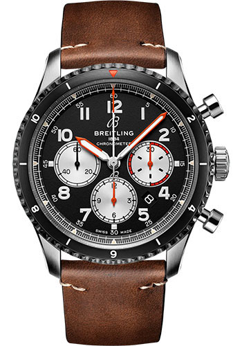 Breitling Aviator 8 B01 Chronograph 43 Mosquito Watch - Stainless Steel - Black Dial - Brown Calfskin Leather Strap - Folding Buckle