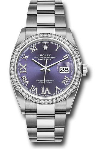 Rolex Steel Datejust 36 Watch - Diamond Bezel - Aubergine Purple Diamond Roman VI and IX Dial - Oyster Bracelet