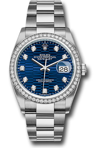 Rolex White Rolesor Datejust 36 Watch - Diamond Bezel - Bright Blue Fluted Motif Diamond Dial - Oyster Bracelet