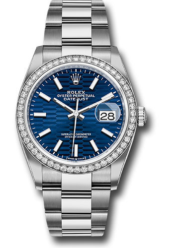 Rolex White Rolesor Datejust 36 Watch - Diamond Bezel - Bright Blue Fluted Motif Index Dial - Oyster Bracelet
