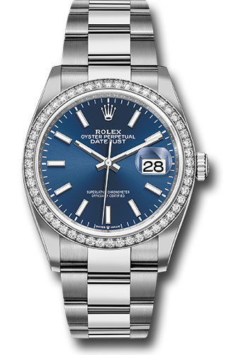 Rolex Steel Datejust 36 Watch - Diamond Bezel - Blue Index Dial - Oyster Bracelet
