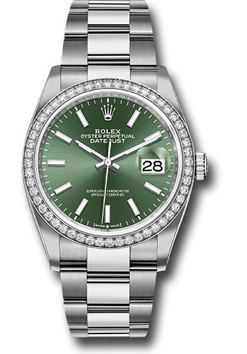Rolex White Rolesor Datejust 36 Watch - Diamond Bezel - Mint Green Index Dial - Oyster Bracelet