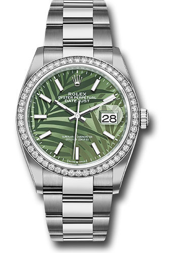 Rolex White Rolesor Datejust 36 Watch - Diamond Bezel - Olive Green Palm Motif Index 6 Dial - Oyster Bracelet