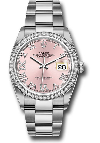 Rolex Steel Datejust 36 Watch - Diamond Bezel - Pink Diamond Roman VI and IX Dial - Oyster Bracelet