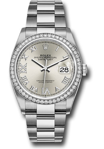 Rolex Steel Datejust 36 Watch - Diamond Bezel - Silver Diamond Roman VI and IX Dial - Oyster Bracelet