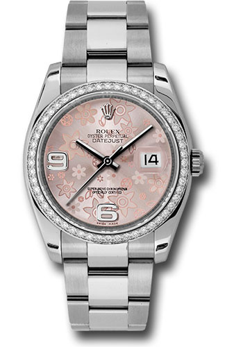 Rolex Steel and White Gold Datejust 36 Watch - 52 Diamond Bezel - Pink Floral Arabic Dial - Oyster Bracelet