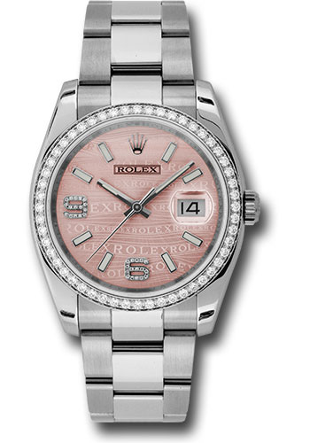 Rolex Steel and White Gold Datejust 36 Watch - 52 Diamond Bezel - Pink Wave Diamond 6 And 9 Arabic Dial - Oyster Bracelet